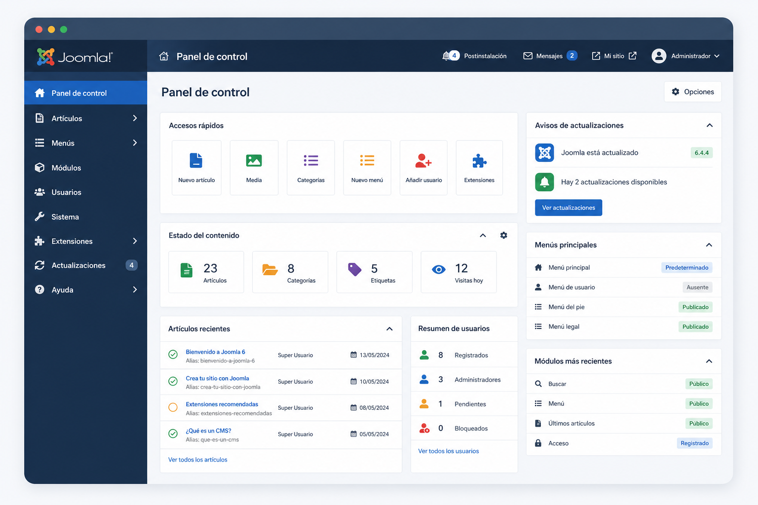 Panel de administración Joomla